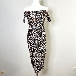 Boohoo Leopard Print Off‎ Shoulder Bodycon Midi Dress Stretchy US 8 NEW